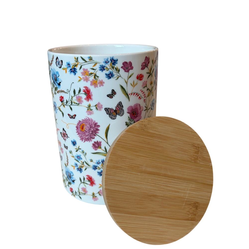 Grace Teaware Porcelain Canister w/ Wooden Lid Spring Floral Butterflies 8in NEW - Picture 7 of 15